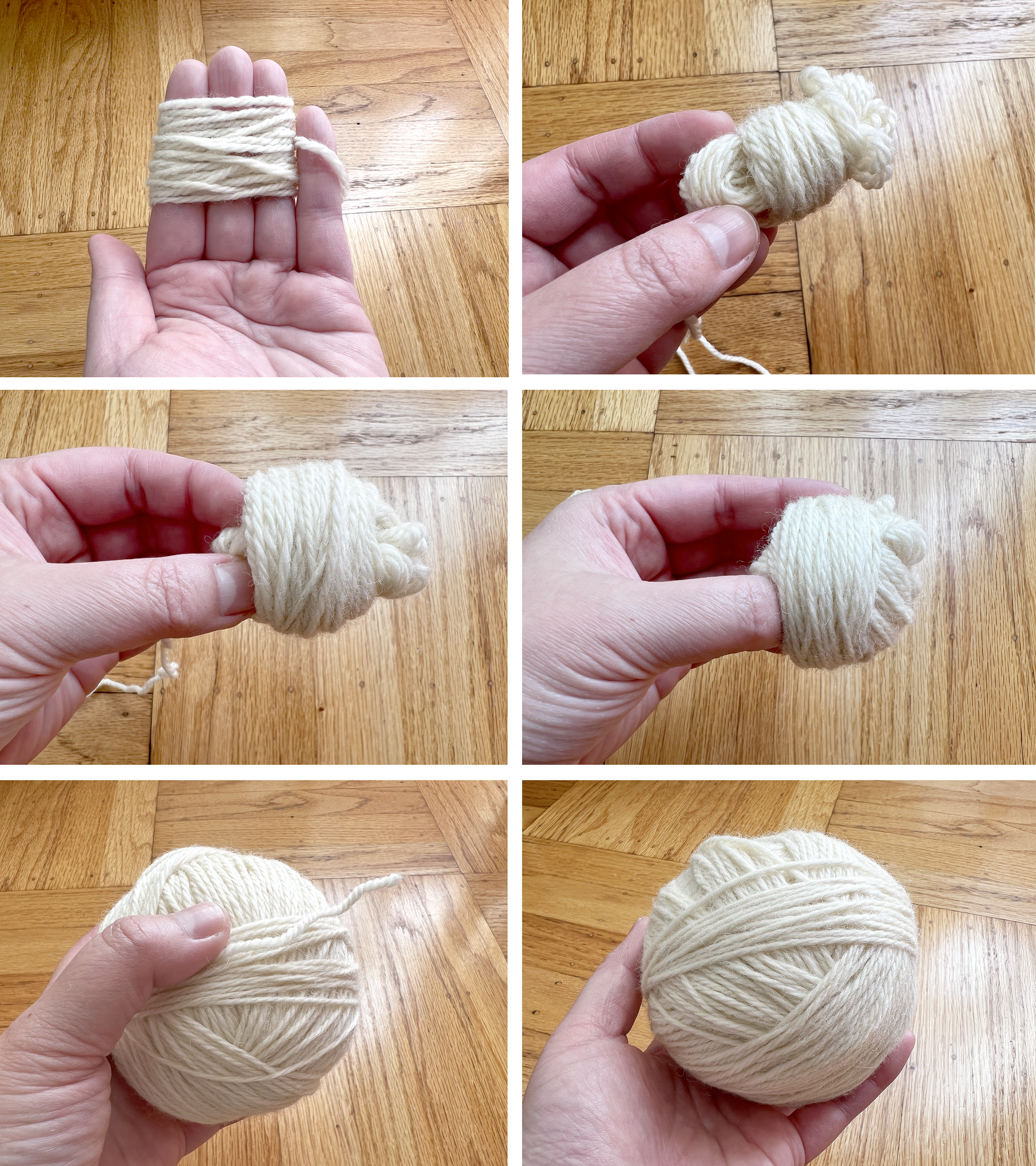 collage of 6 photos demonstrating how to wind a ball of yarn
