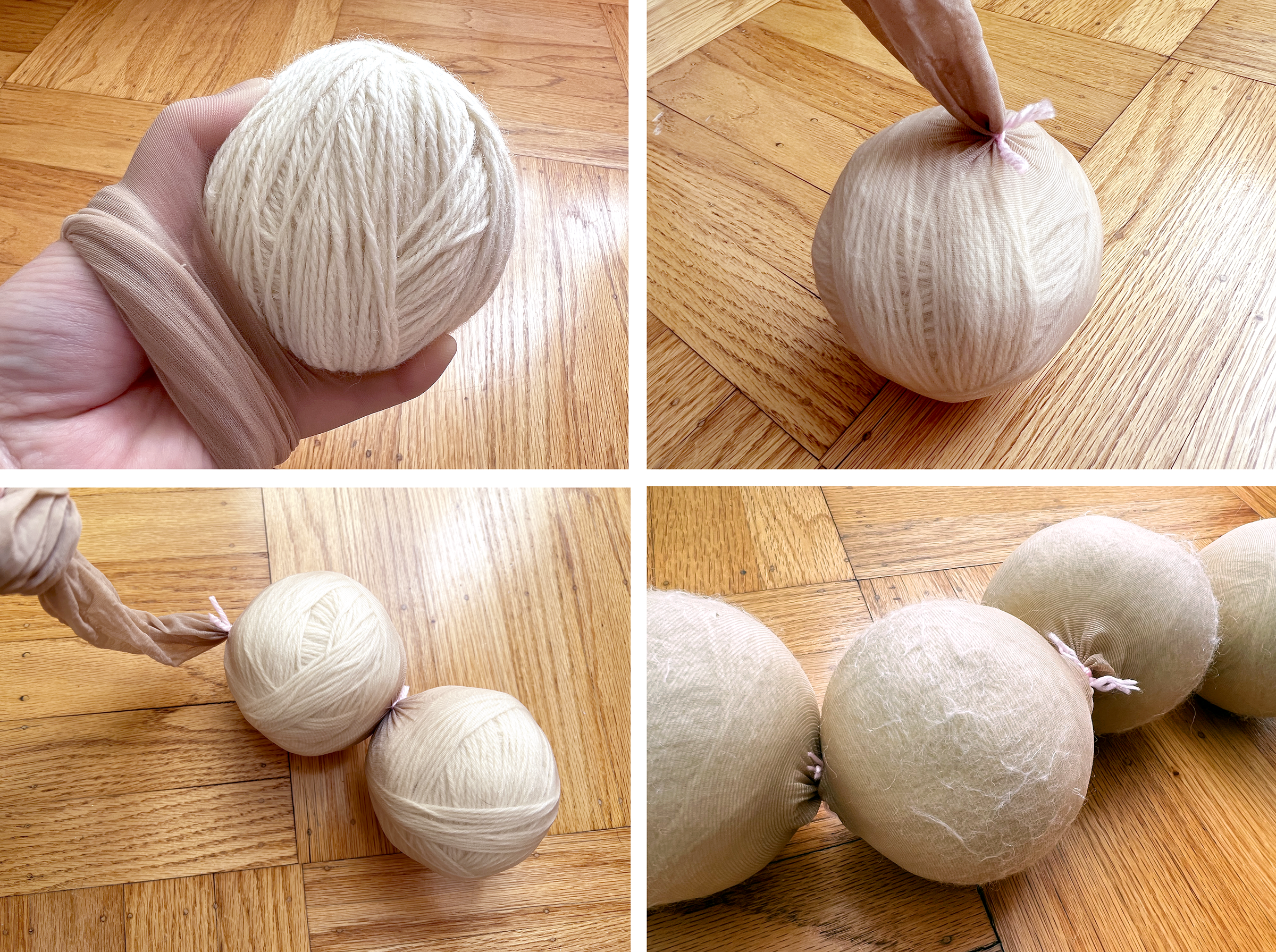 photo collage of 4 images demonstrating how to assemble wool yarn balls into a pair of pantyhose to prepare for the felting process of making dryer balls
