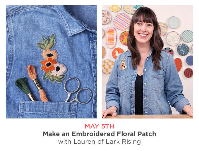 Photo collage of an embroidered floral patch on a denim shirt and instructor Lauren of Lark Rising smiling in front of embroidery hoops