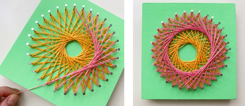 Curve stitching a circle in two layers with pink and yellow thread on a green board - 1 photo showing the process and 1 photo showing finished string art