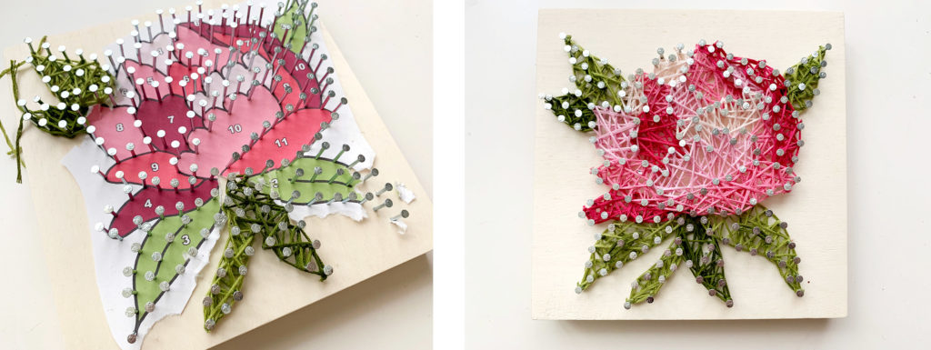 Peony string art in 2 photos - left showing string art in progress and right showing finished string art in pink and green on unfinished wood board