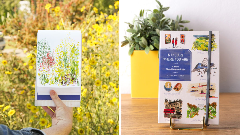 Photo collage - on the left, artist Courtney Cerruti's hand holding a watercolor painting in front of a flowers in a garden. On the right - Courtney's book Make Art Where you Are on a book stand on a table with a house plant.