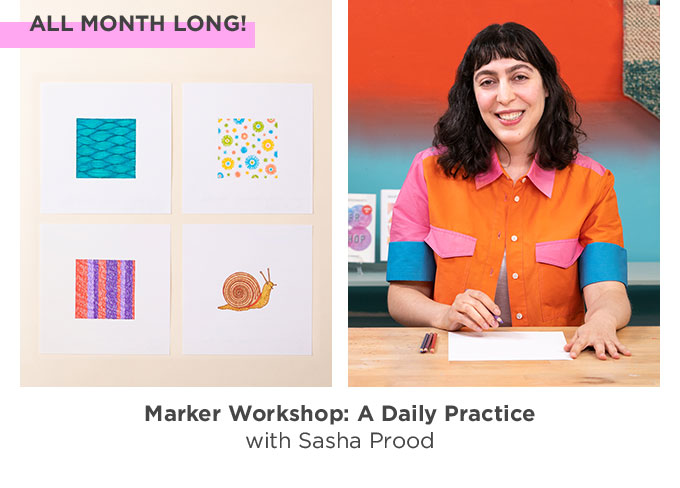 Photo collage - on the left is a flat lay of 4 colorful drawings in marker - on the right is art instructor Sasha Prood in a bright color blocked shirt.