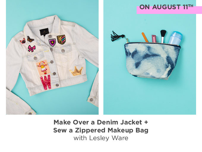 Flat lay photo collage - on the right, a denim jacket decorated with hand-sewn patches and trim - on the right, a hand made zippered makeup bag in a marbled blue and white color with makeup inside
