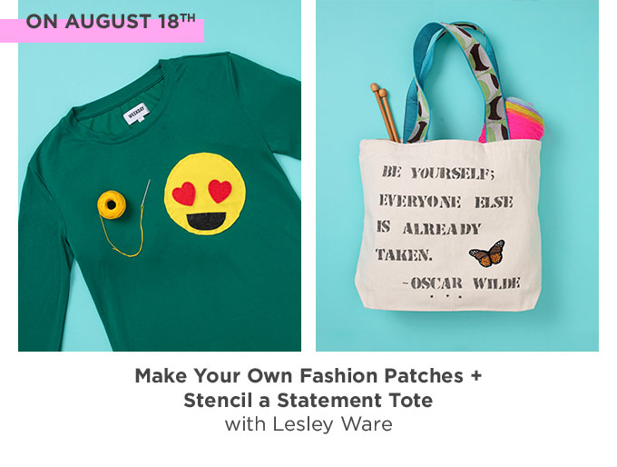 Flat lay photo collage - on the left, a green shirt with a happy face emoji patch made of felt, on the right, 