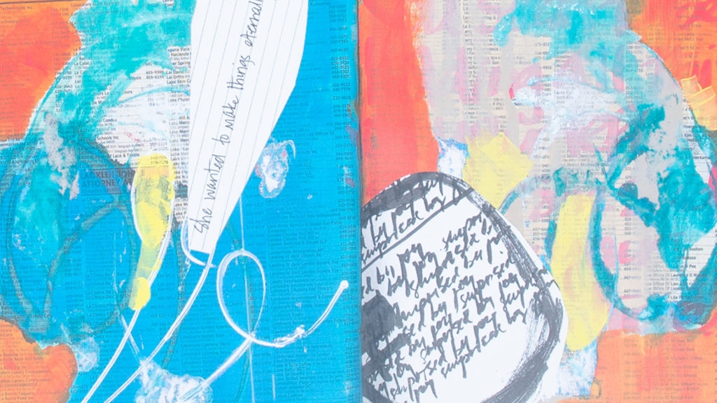 Colorful close-up of a mixed media collage in bright blue, orange, yellow, black and white with handwriting and print by artist e bond
