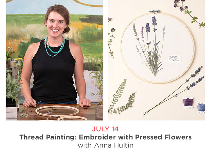 Photo collage of Anna Hultin of OlanderCo Embroidery, standing in front of a painted floral backdrop and also highlighting embroidery hoops with pressed dried flowers
