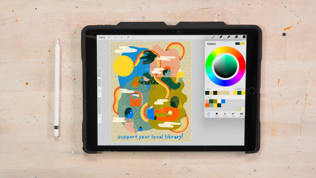 Flat lay on a wooden table showing an iPad with a digital sketch in the app Procreate as well as an Apple pencil. 