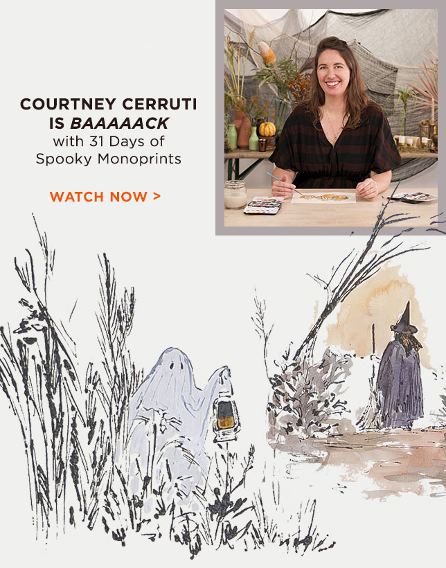 Photo of Courtney Cerruti painting at a table in front of a spiderweb and Halloween themed backdrop, and monoprint with watercolor of a ghost and a witch in a field.