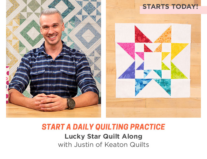 Photo collage: on left, Justin of Keaton quilts smiles in front of a rainbow patchwork quilt. On the right:  a close up of a rainbow patchwork quilt block.
