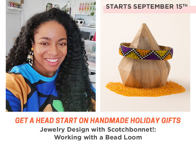 Photo collage. On the left: Tracey-Renee Hubbard smiles wearing her handmade earrings and a colorful sweater. On the right: a beaded bracelet with a bold design created on a bead loom, perched on a wooden display with orange seed beads at the base.