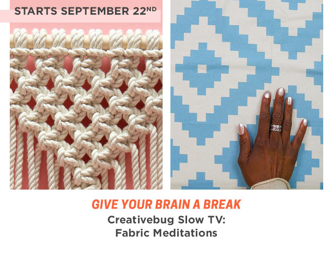 Photo collage. On the left: a close-up of a macrame wall hanging on a pink background. on the right: a hand on fabric.