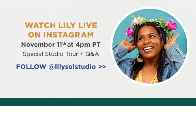 banner graphic announcing Instagram Live with artist Lily Sol, and a circular photo of Lily smiling and wearing a flower crown.