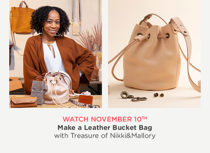 Photo collage: on the left, Treasure of Nikki&Mallory smiles and stands behind a leather bucket bag that she will teach you how to make. On the right: a closeup of the leather bucket bag and some bronze grommets.