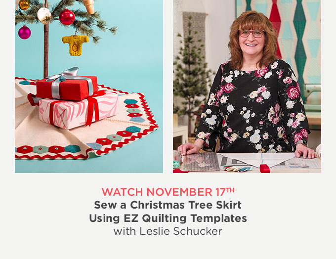 Photo collage: on the left, a colorful Christmas tree skirt handsewn from felt with shapes cut using EZ Quilting templates, on the right, instructor Leslie Schucker in a floral shirt smiling in front of a crafting table.
