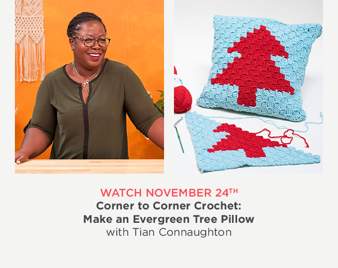 Photo collage: on the left, crochet designer Tian Connaughton smiles in front of an orange wall, on the right, a corner to corner crochet pillow in blue and red with an evergreen tree motif.