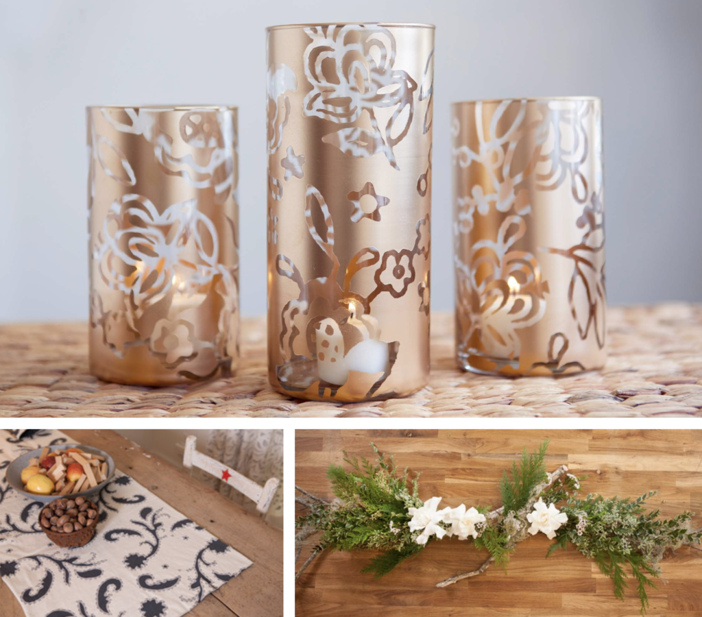 Photo collage of Thanksgiving DIY Decor ideas including a gold toned floral stenciled vase, an appliqued table runner in cream and grey, and a fresh garland of greens and flowers