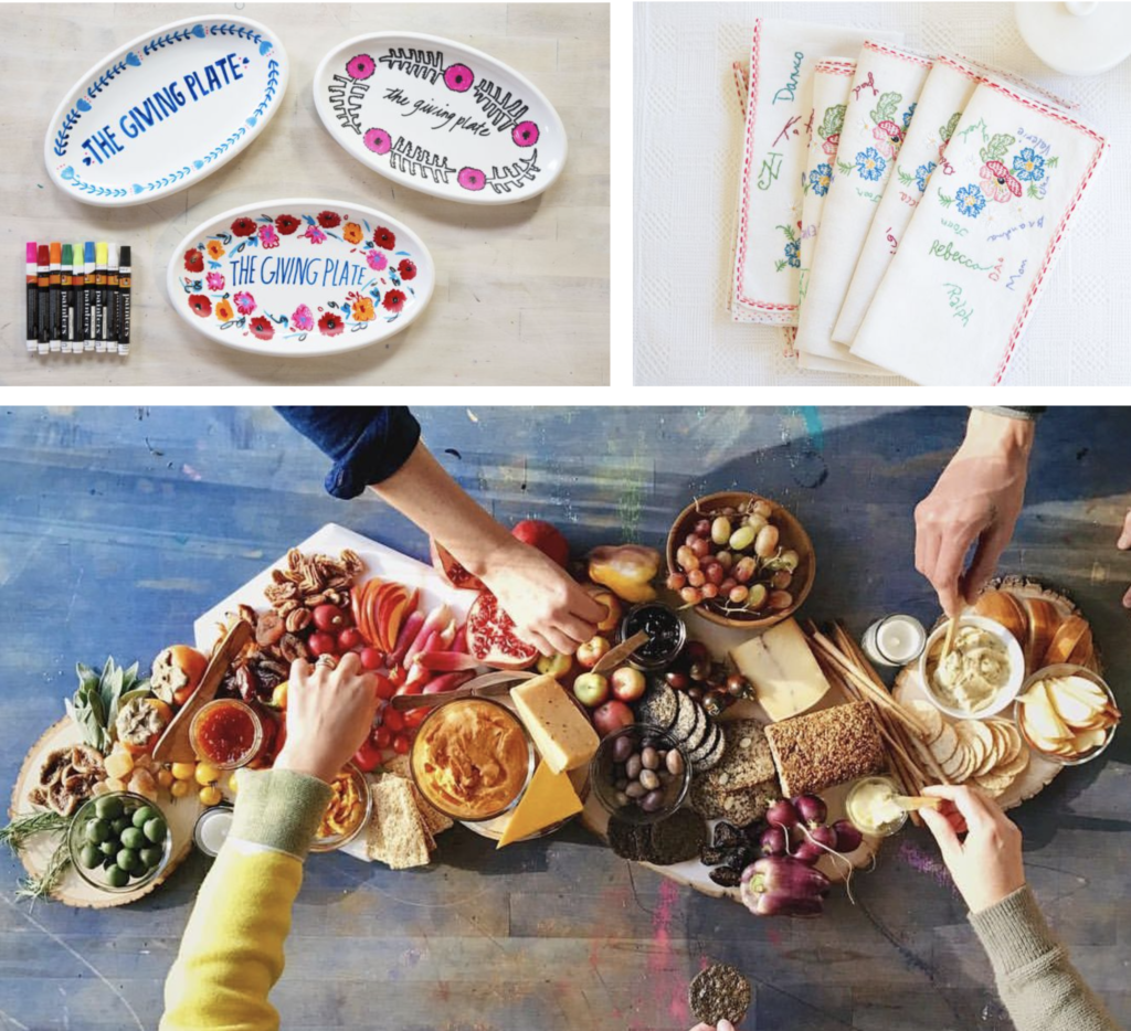 Photo collage of Thanksgiving table decor ideas: smaller photo of 3 giving plates with floral designs in bright colors, smaller photo of heirloom embroidered napkins, and a larger photo of a colorful chromatic charcuterie plate