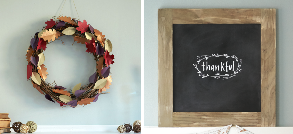 Photo collage of 2 Thanksgiving craft ideas: on the left, a wreath made of paper leaves cut on the Cricut, on the right, a handmade distressed chalkboard with the word "thankful" written in chalk.