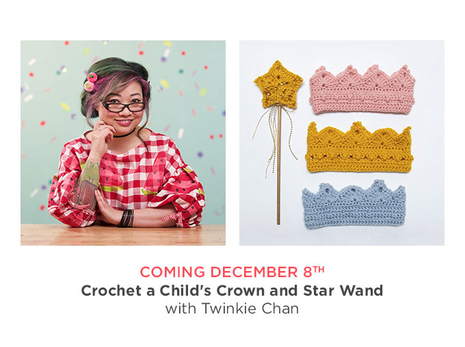 Photo collage: on the left, a head shot of crochet teacher Twinkie Chan wearing a red gingham watermelon shirt, on the right, a flat lay of 3 crocheted crowns in different pastel colors plus a crocheted star wand in gold