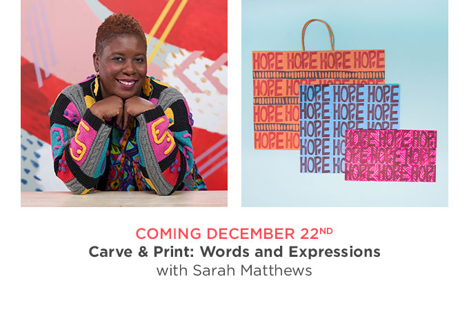 photo collage: on the left, a head shot of printmaker and book artist Sarah Matthews smiling and wearing a colorful sweater, on the right, a flat lay of hand printed bags and paper that say "hope"
