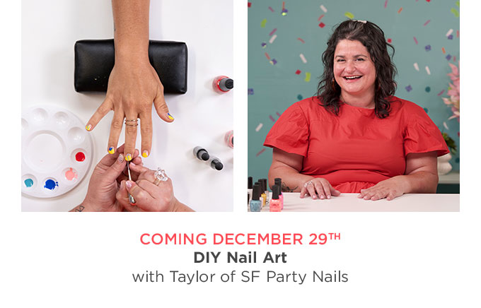 photo collage: on the left, one pair of hands painting the nails of another hand, on the right, a head shot of Taylor of SF Party Nails smiling and wearing a bright orange shirt
