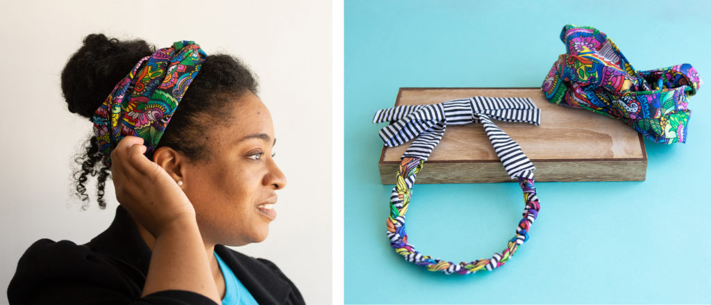 a photo collage. on the left: a profile headshot of a woman wearing a colorful turban headband. on the right: a photo of a colorful fabric necklace and a turban headband on a wooden panel and light teal background