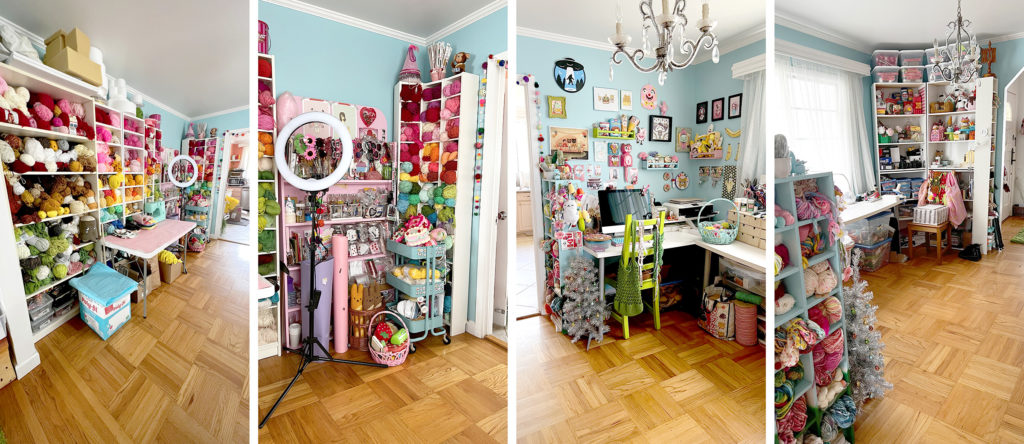 Four images of a colorful craft room from different angles.