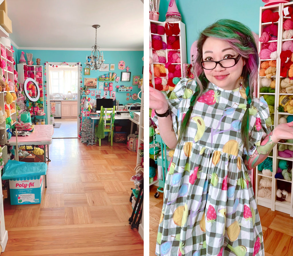 On the left is a photo of a colorful craft room and on the right is a woman standing in the craft room wearing a colorful fruit-print dress.
