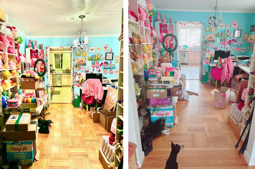 Day time and night time shots of a very messy craft room filled with cardboard boxes and yarn and craft supplies