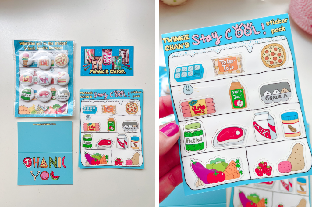 Flat lay of business cards, stickers, and one inch buttons with cute food-themed graphics.