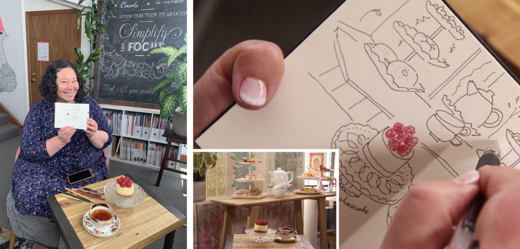 Artist Mariko Jesse poses with her sketch of a cake and a cup of tea - on the right side is a close up of her sketch.