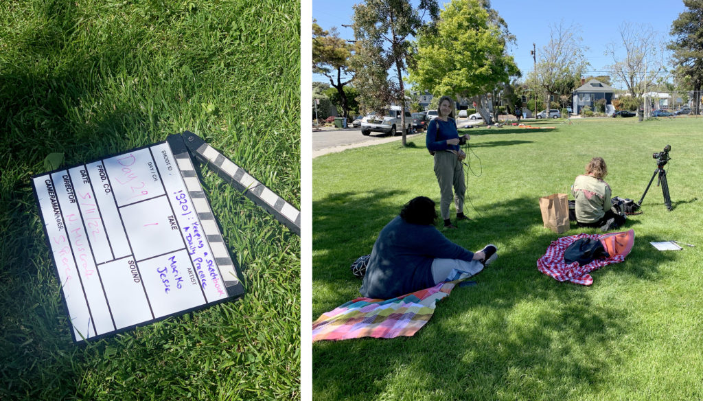 On the left: a close up of a film slate laying in grass. On the right: 3 people on the grass in a sunny park