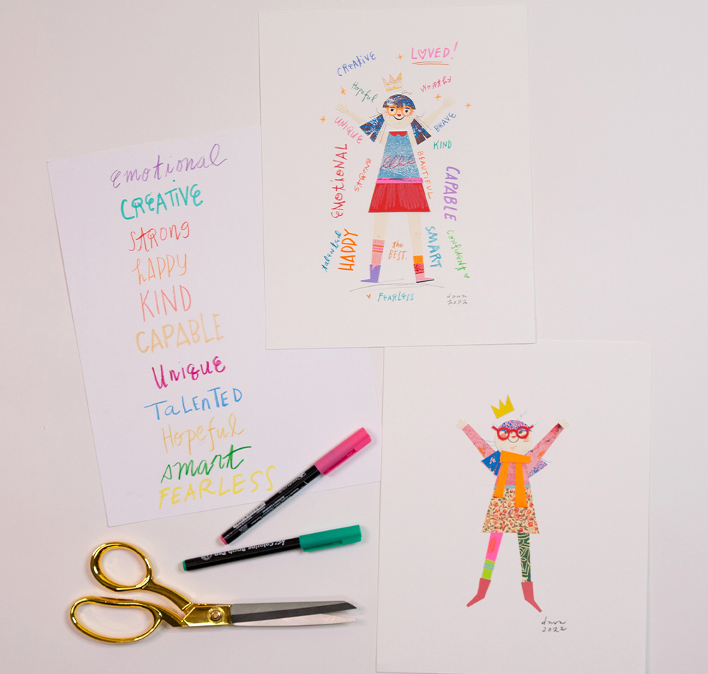 Flat lay on a white table of 2 self-portraits made with painted paper collage, some pends, a pair of scissors, and a colorful list of self-affirming adjectives like "creative" and "talented."