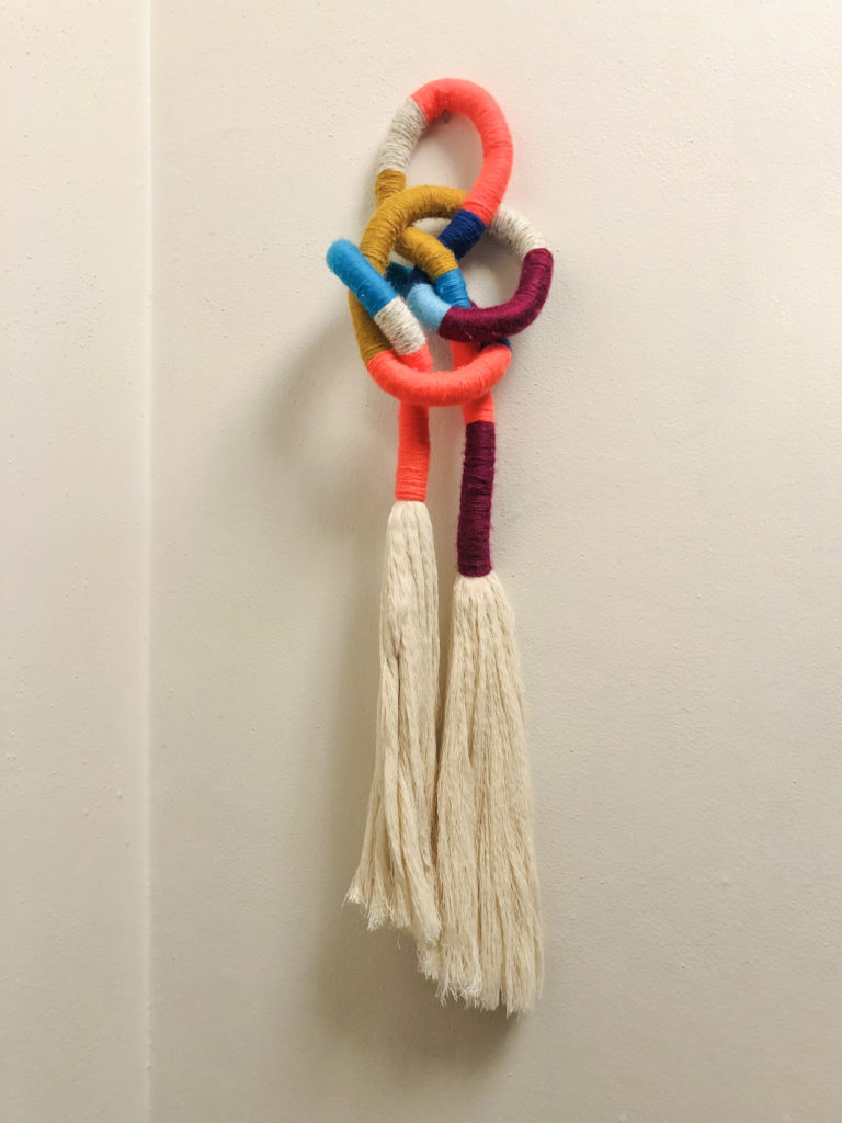 a colorful knotted rope wall hanging against a white wall