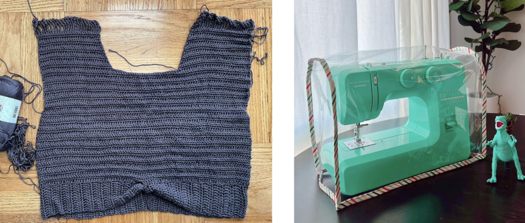 a photo collage. on the left: part of a hand crocheted sweater in dark gray yarn on a wooden surface. on the right: a mint green sewing machine covered in a clear vinyl sewing machine cover