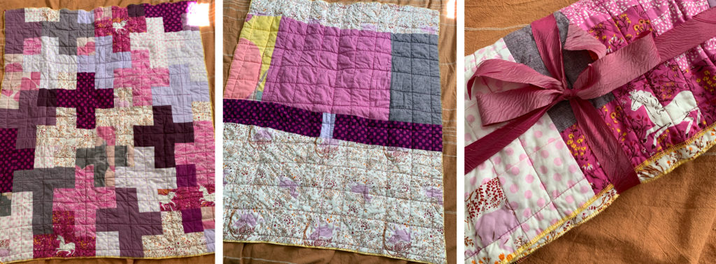 photo collage of colorful handmade quilts with serged edges, some are displayed flat and one is folded and tied with a ribbon