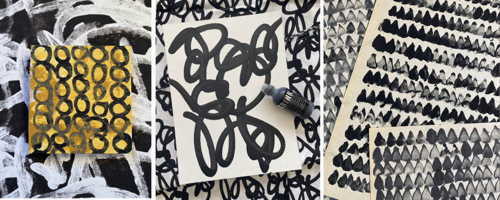 a photo collage of 3 images, a close up of art with a yellow background and bold black circular shapes, a close up of art with a white background and bold black squiggle lines, and a closeup of art on a white background with a repetitive black triangle pattern