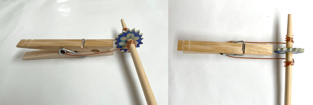 two photos showing how to assemble a noisemaker mechanism with a wooden chopstick, wire, clothespin, and DIY paper gears