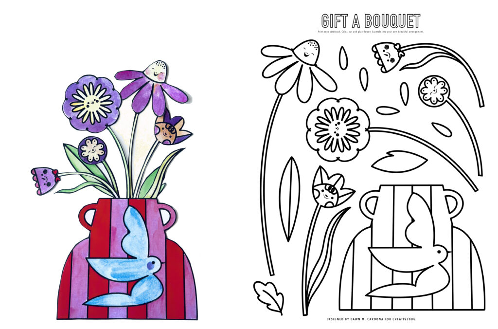 image of a paper bouquet in a vase 2 ways: colored in on the left side and black and white bouquet coloring page on the right side