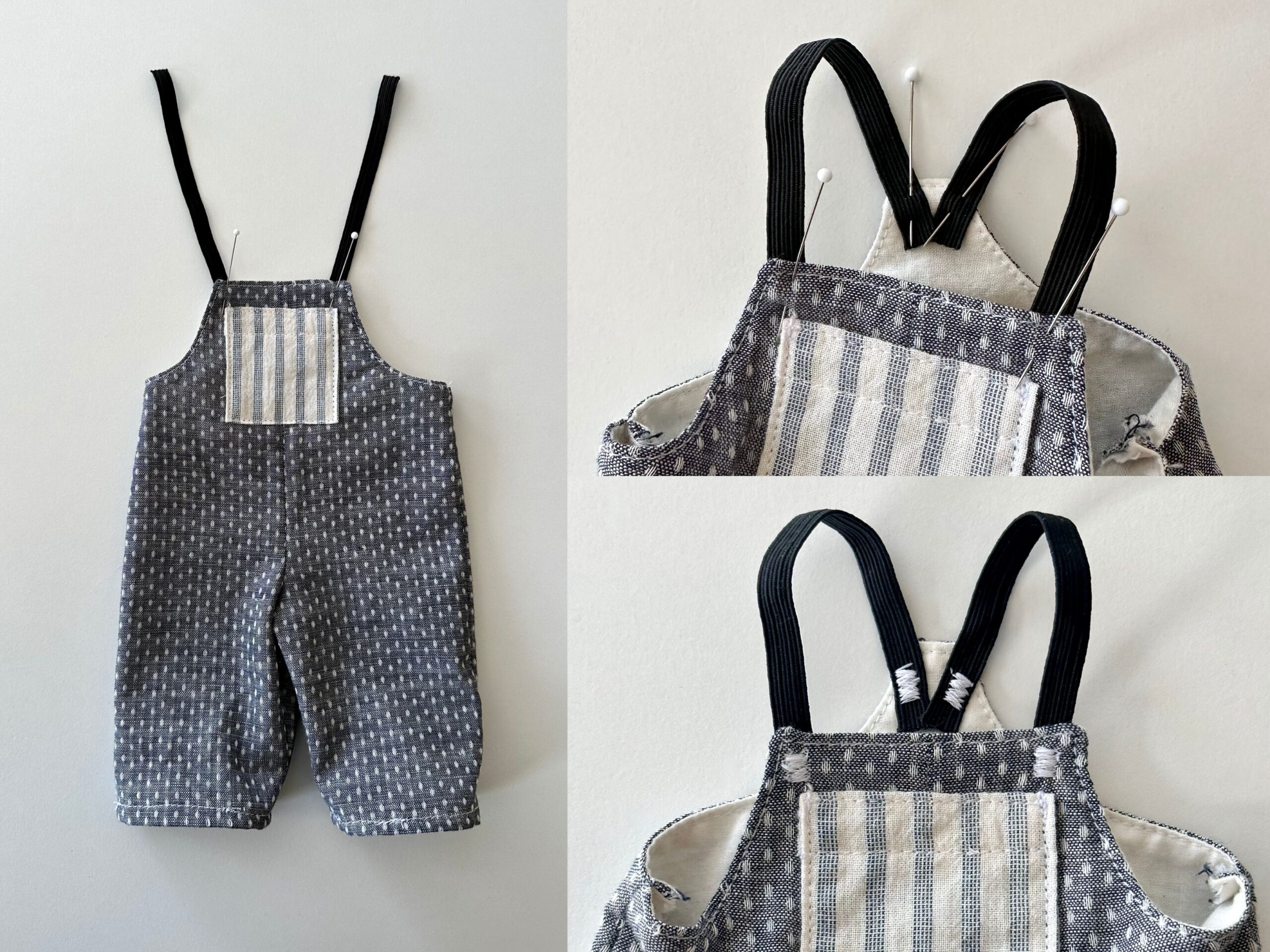 image of 3 photos showing how to attach the shoulder straps while sewing overalls for a doll