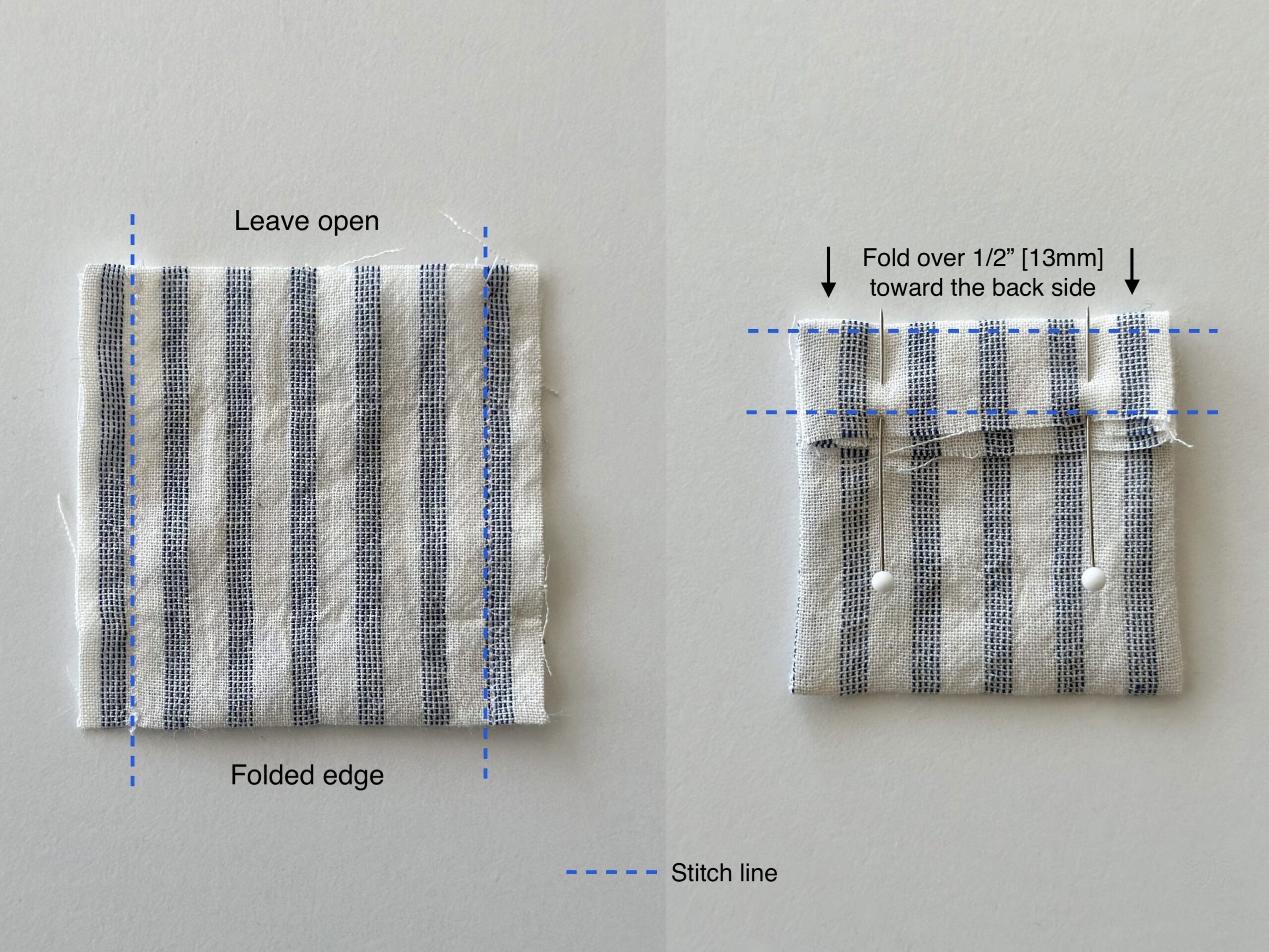 image showing striped fabric pieces and how to sew a pocket