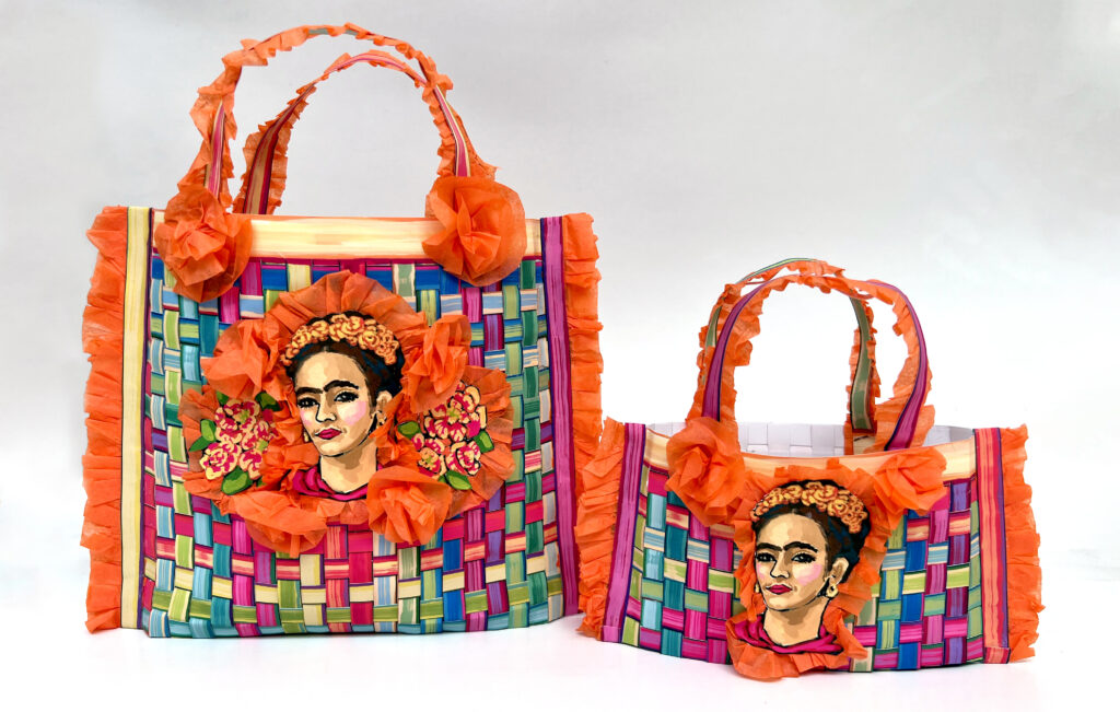 image of 2 colorful tote bags woven with paper and adorned with art of frida kahlo