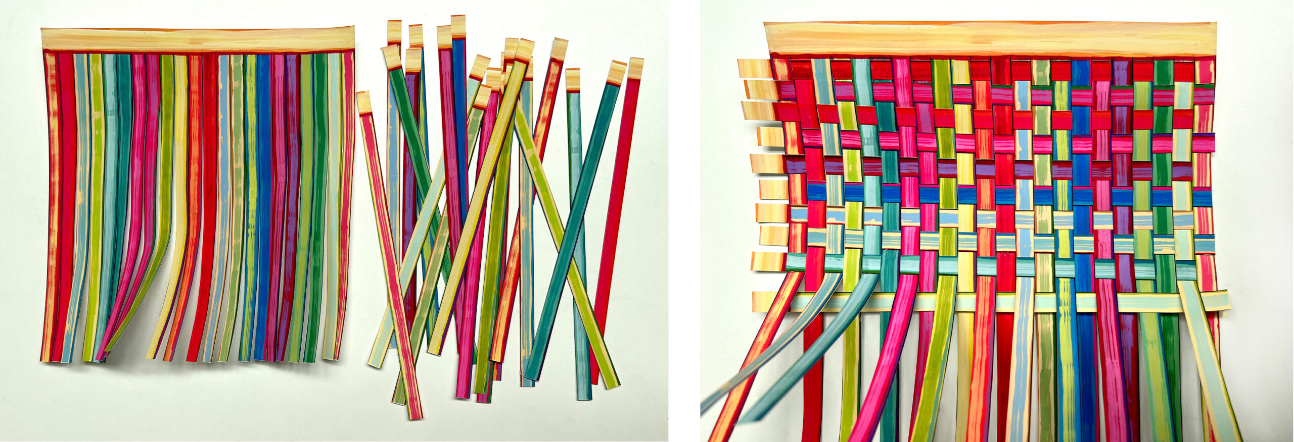 image of sheets of colorful woven strips of paper, on the left they are cut up and on the right they are woven into a flat mat