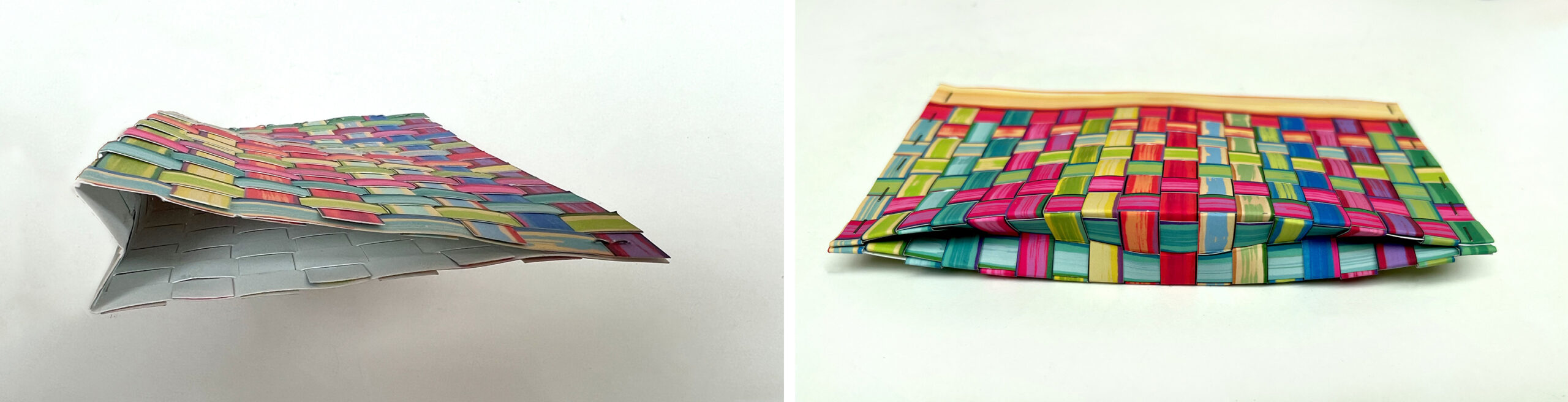 image of 2 photos, showing how to fold woven paper into a bag