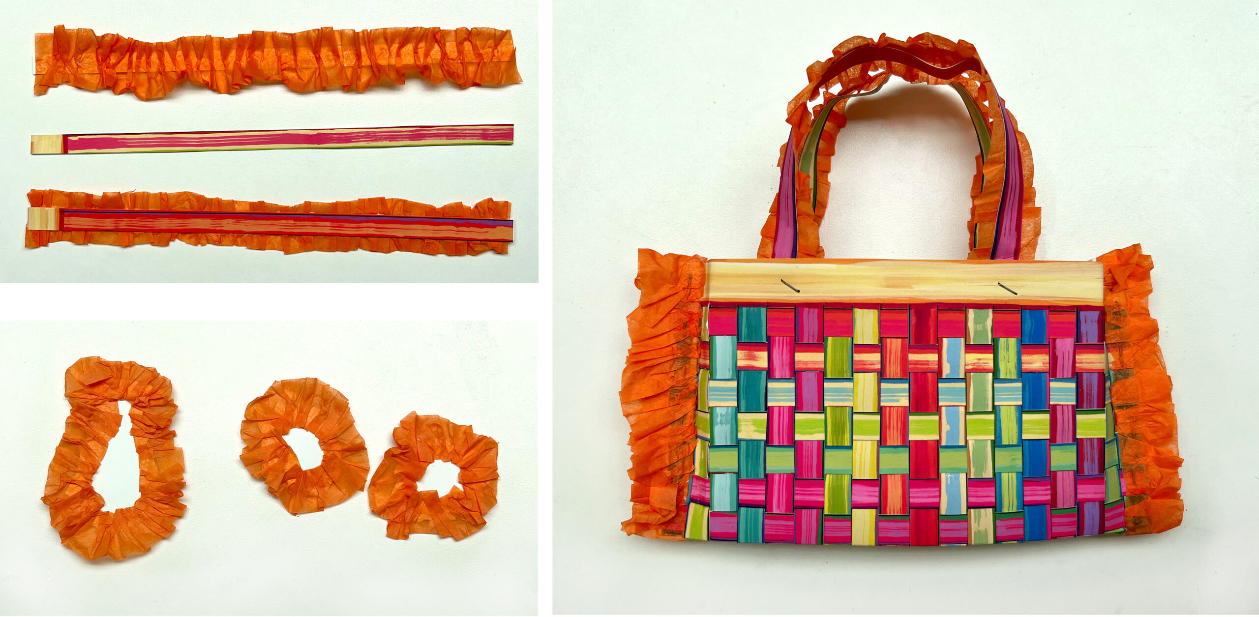 image of several photos showing how to make tissue paper handles for a woven paper bag