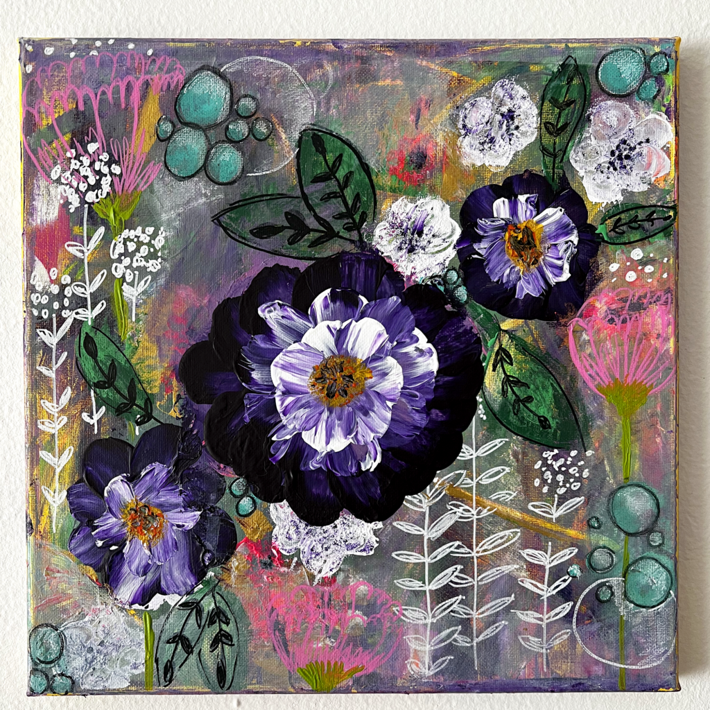image of an acrylic painting with purple pastel flowers and lots of dreamy floral imagery