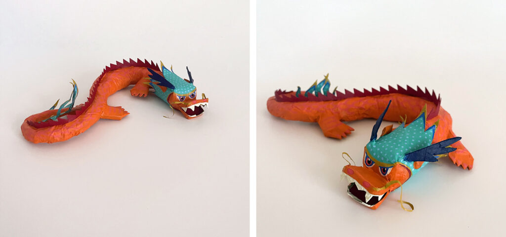 image of 2 photos of a colorful orange and aqua dragon made with paper mache