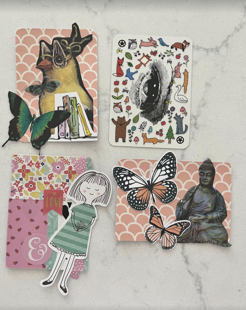 image of 4 ATCs or artist trading cards, small pieces of art on playing cards that are collaged with different images like birds, butterflies, and various animals and printed papers