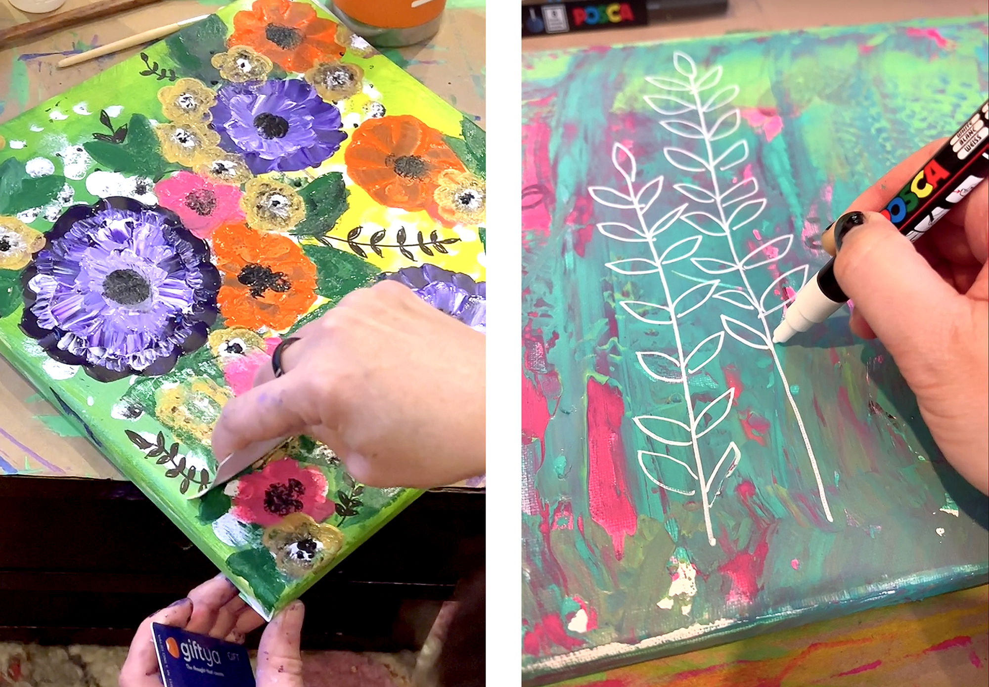 image of 2 photos, on the left shows smearing a wet floral painting with a card, and on the right shows adding white post paint marker to a painting